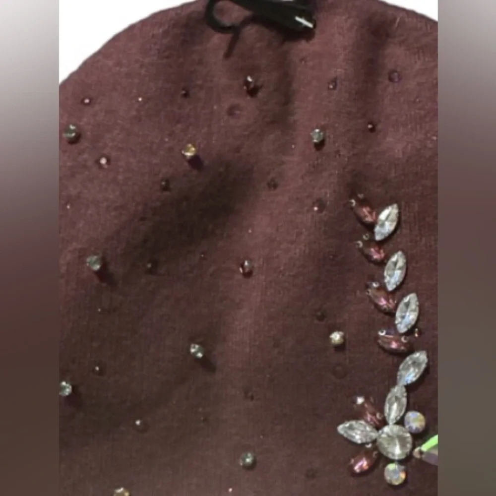 Wool blend  Burgundy Beanie with rhinestone Gem Details